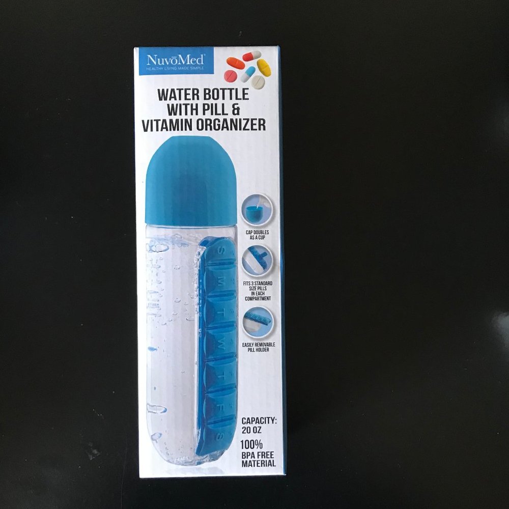 BLUE NUVOMED WATER BOTTLE WITH PILL AND VITAMIN ORGANIZER, BRAND NEW
